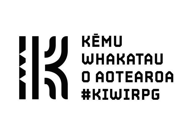 The logo for Kēmu Whakatau o Aotearoa. The group's name is on the right hand side, along with #KiwiRPG. On the left is a K stylised to be reminiscent of Māori carving and tattooing practices.