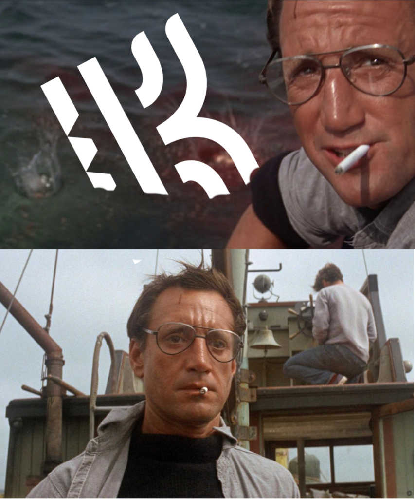 The KiwiRPG logo comes out of the water like the big shark in JAWS.