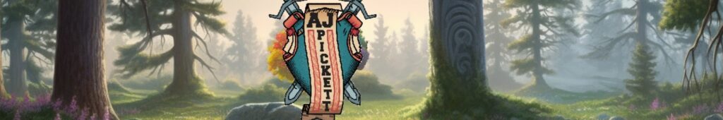 A crest with swords behind it and a banner saying 'AJ Pickett' on it, over an image of trees. 